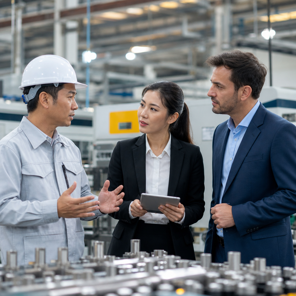 Professional interpreter assisting foreign business executives during a Vietnam factory facility tour and quality inspection