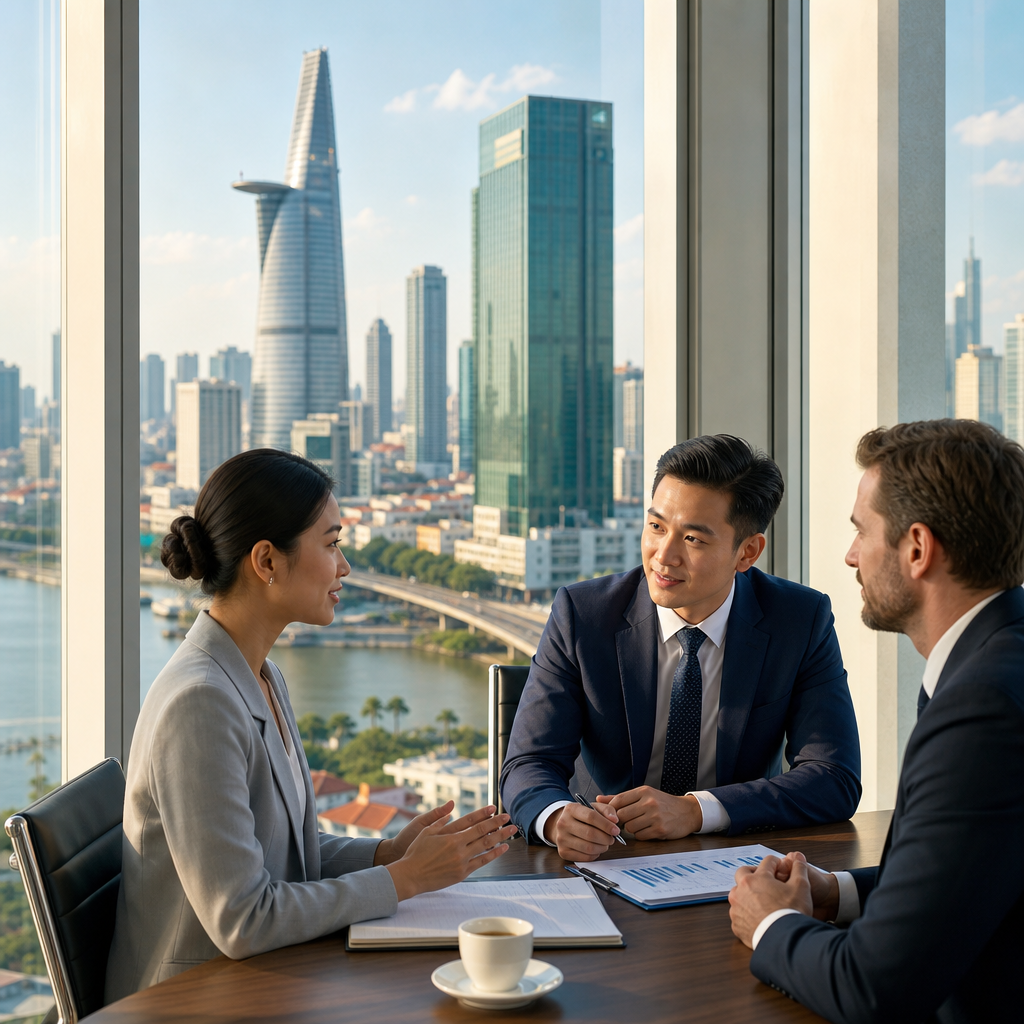 Certified finance interpreter reviewing banking documents and M&A agreements in Ho Chi Minh City office