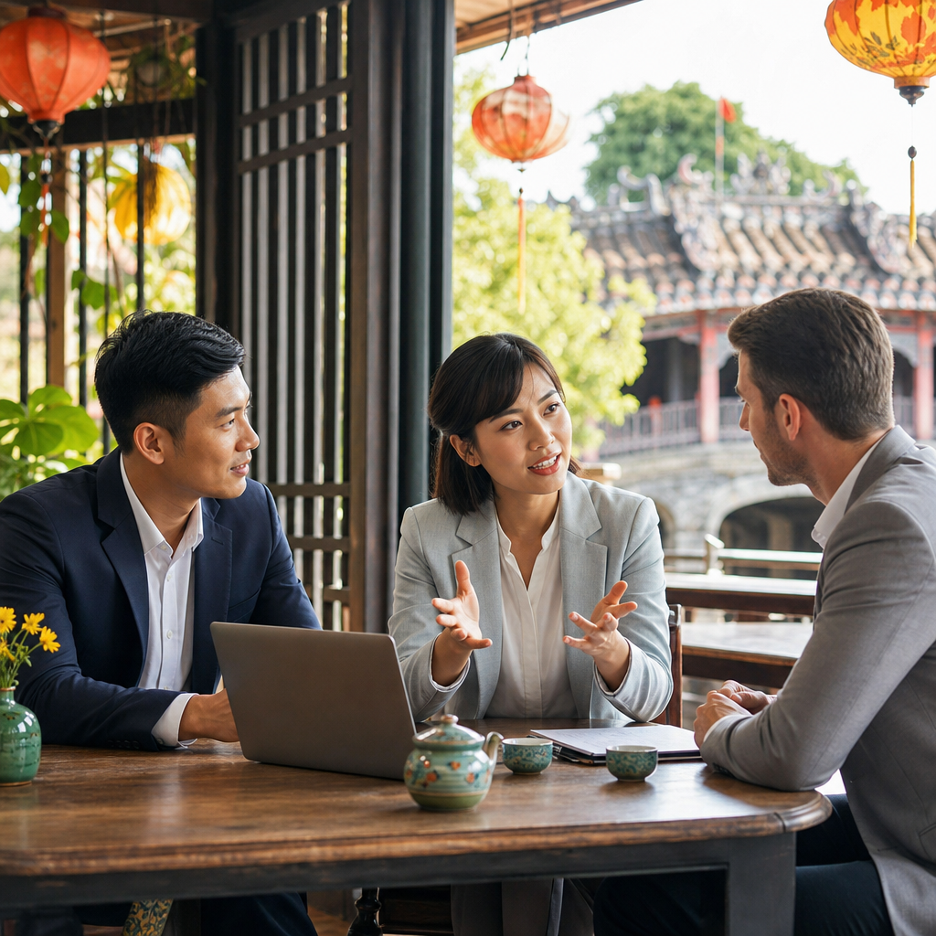 Business professionals in Vietnam meeting room with interpreter facilitating negotiation between foreign executives
