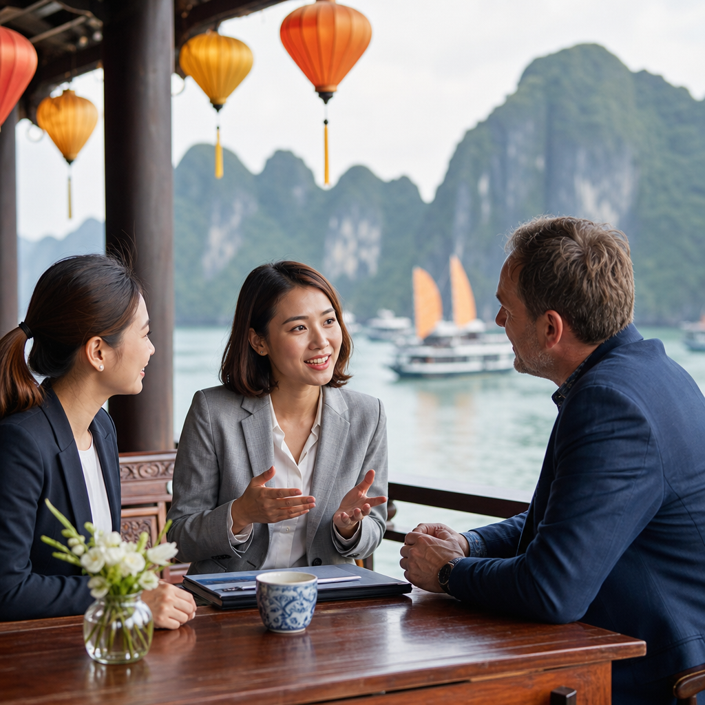 Business professionals discussing contracts with a professional interpreter mediating conversation in Hanoi office