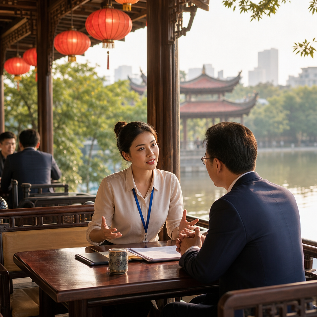 Professional interpreter guiding foreign business visitors during a meeting in Vietnam