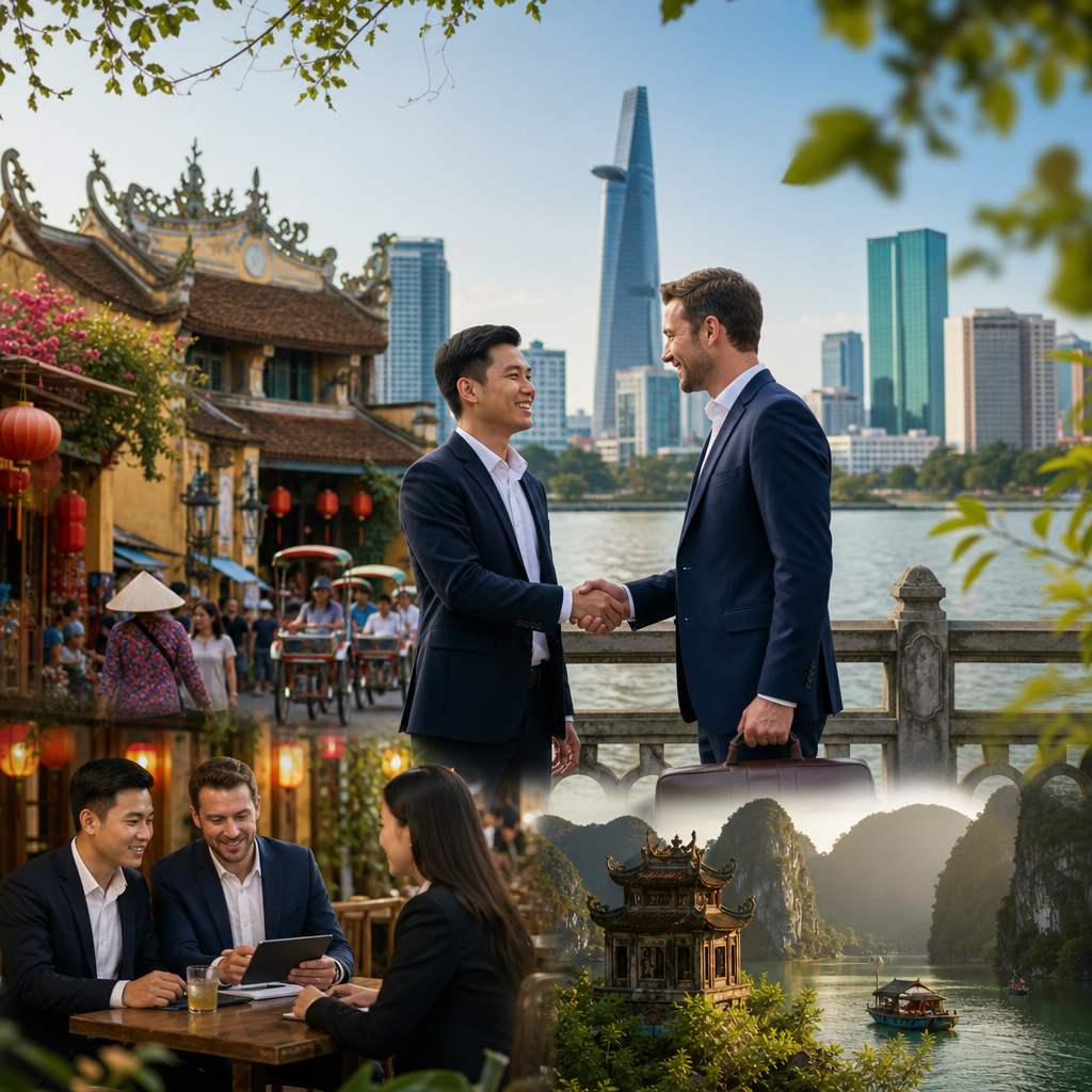 Professional interpreter-companion assisting foreign business executives in Vietnam office meeting environment