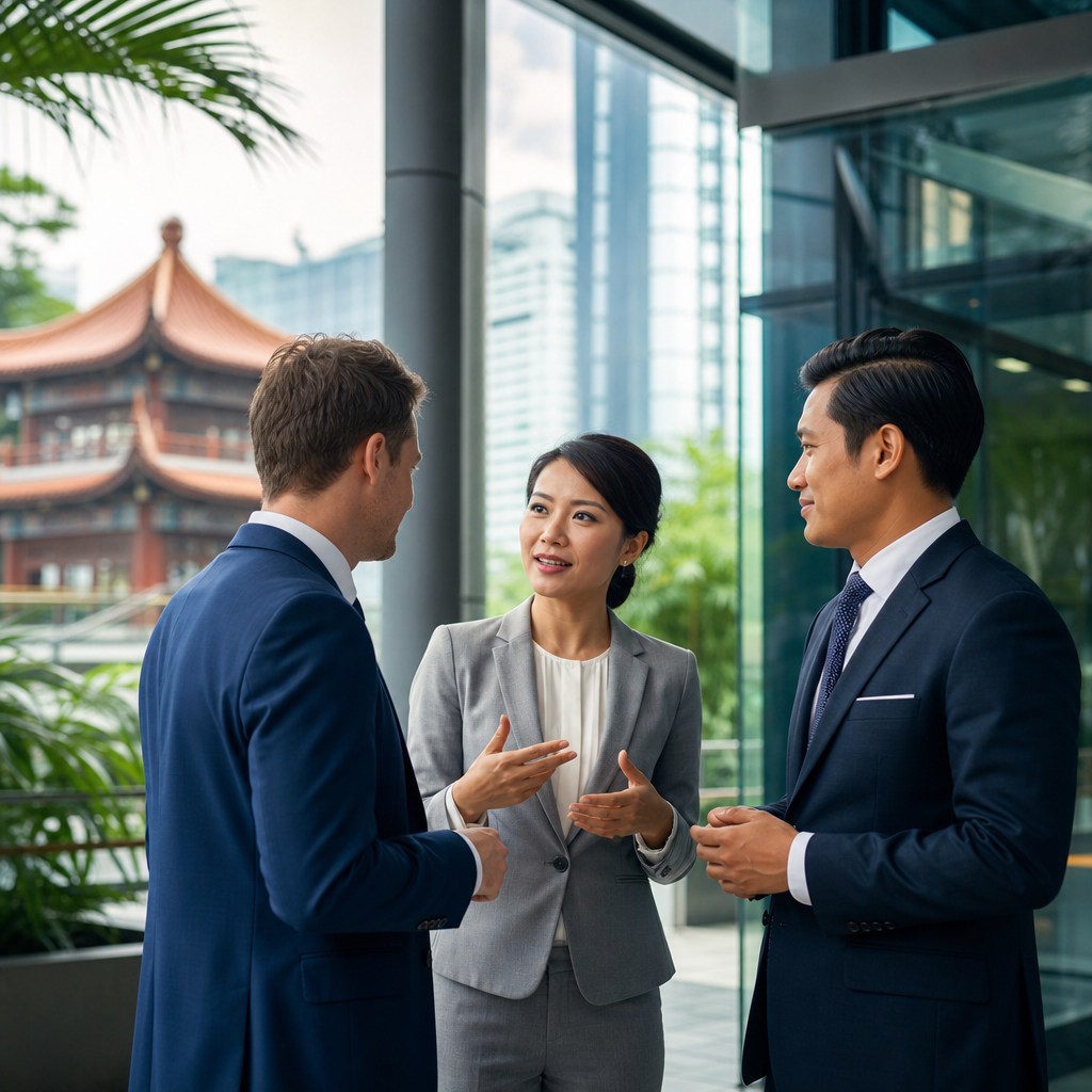 Professional certified interpreter conducting business meeting between Vietnamese and foreign executives