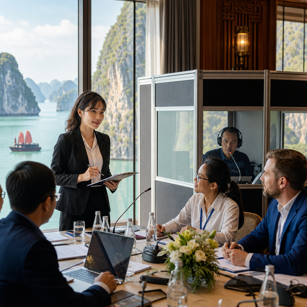 Professional conference interpreter at simultaneous interpretation booth during Vietnam business event setup