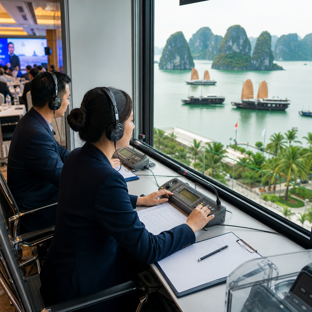 Interpreter wearing headset at conference setup in Vietnam with multilingual audience and simultaneous interpretation booths