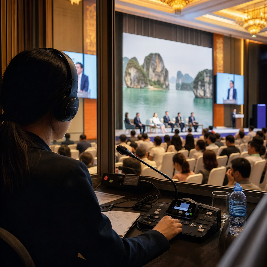 Professional conference interpreting Vietnam setup showing simultaneous interpretation booths with soundproof equipment in mo