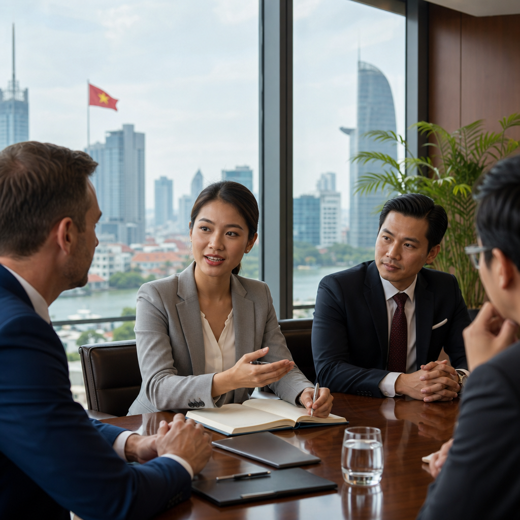 Professional business interpreter briefing foreign executive in conference room before Vietnamese negotiation meeting