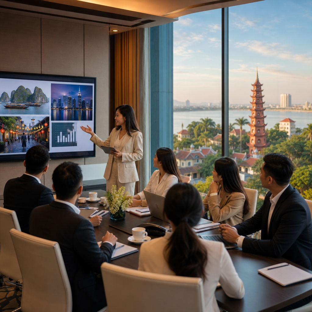 Professional interpreter wearing headset at international business conference in Vietnam