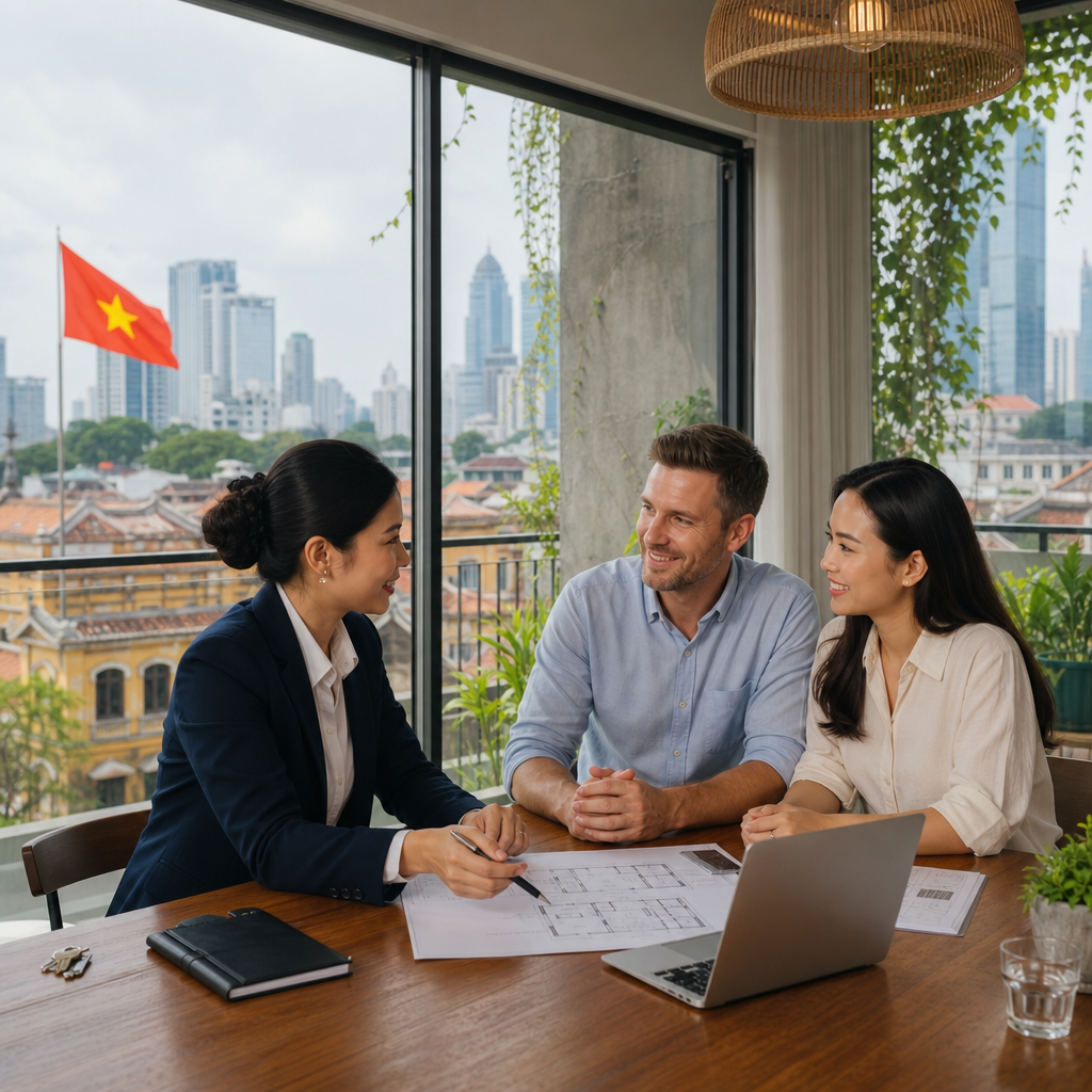 Foreign business professional with Vietnamese interpreter reviewing apartment lease and housing contract documentation in Han