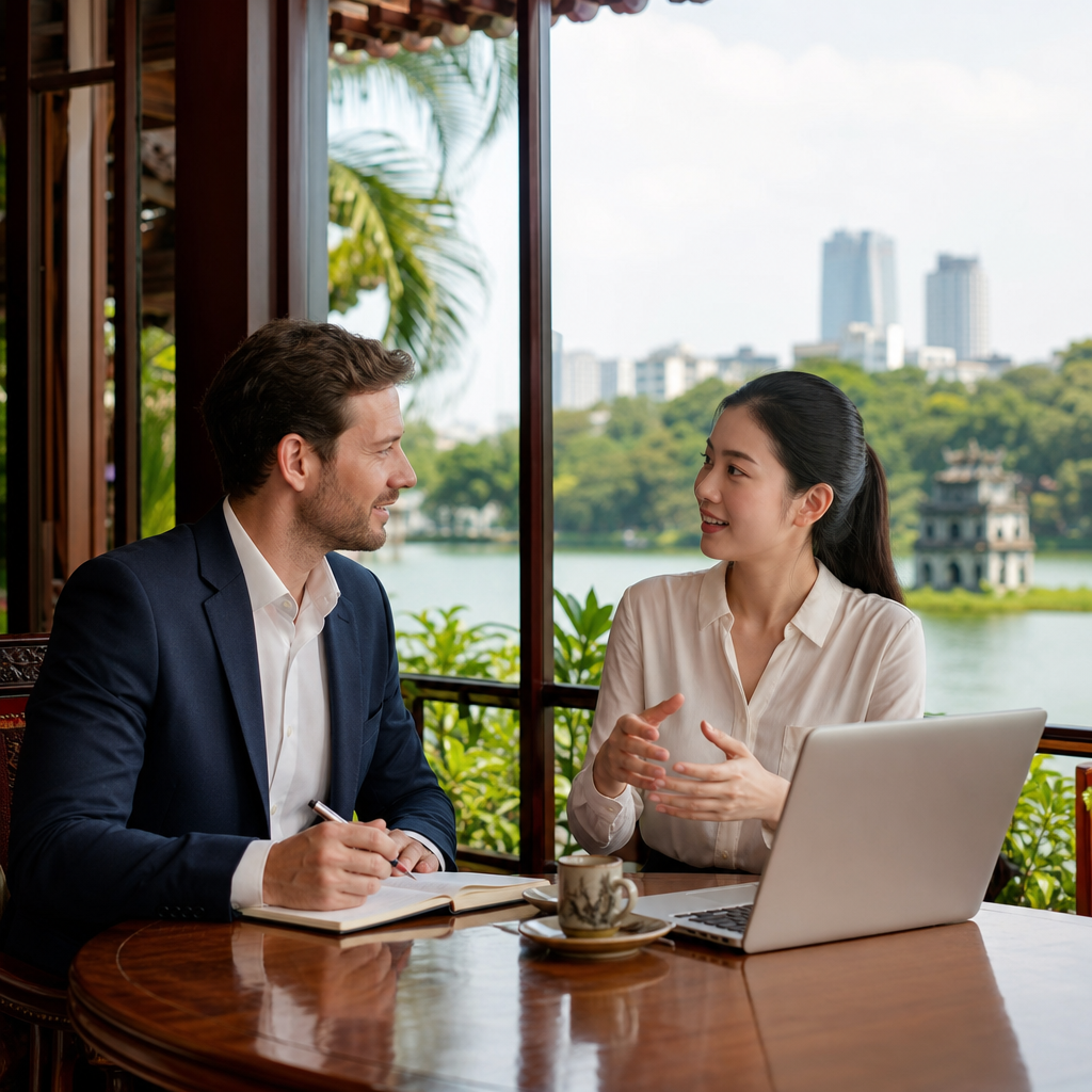 Professional business meeting in Ho Chi Minh City with interpreter assisting foreign executive and Vietnamese partner