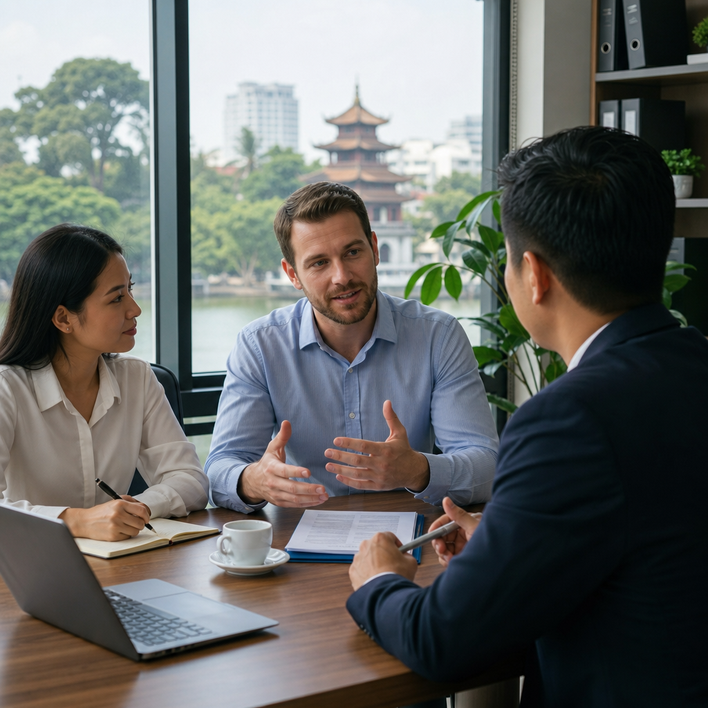 Expat and Vietnamese interpreter reviewing financial documents at a tax compliance meeting in Hanoi office.