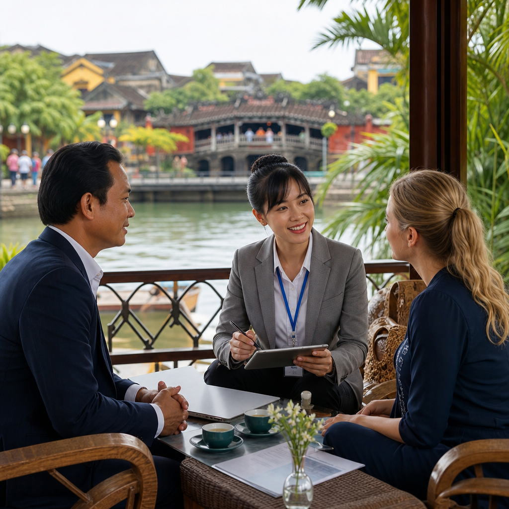 Ezgogo interpreter helping foreign business professionals at a meeting table in Vietnam office