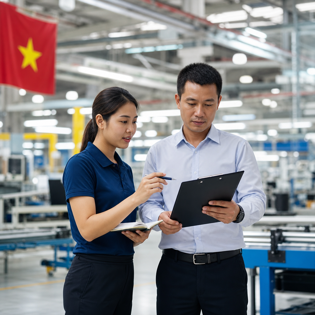 Professional interpreter and auditor reviewing manufacturing compliance documents in Vietnamese factory setting