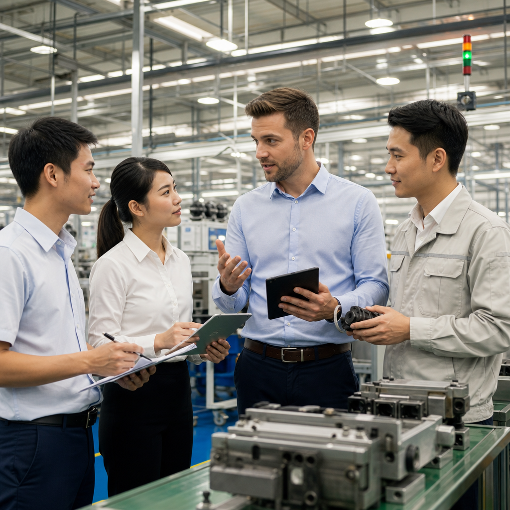 Foreign business manager and Vietnamese factory floor supervisor reviewing quality control documentation during production fa