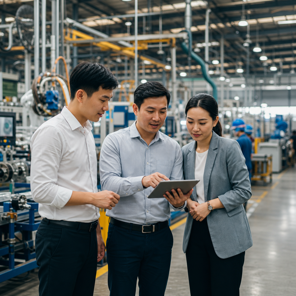 Professional factory tour interpreter reviewing technical documents and equipment terminology checklist before plant floor vi