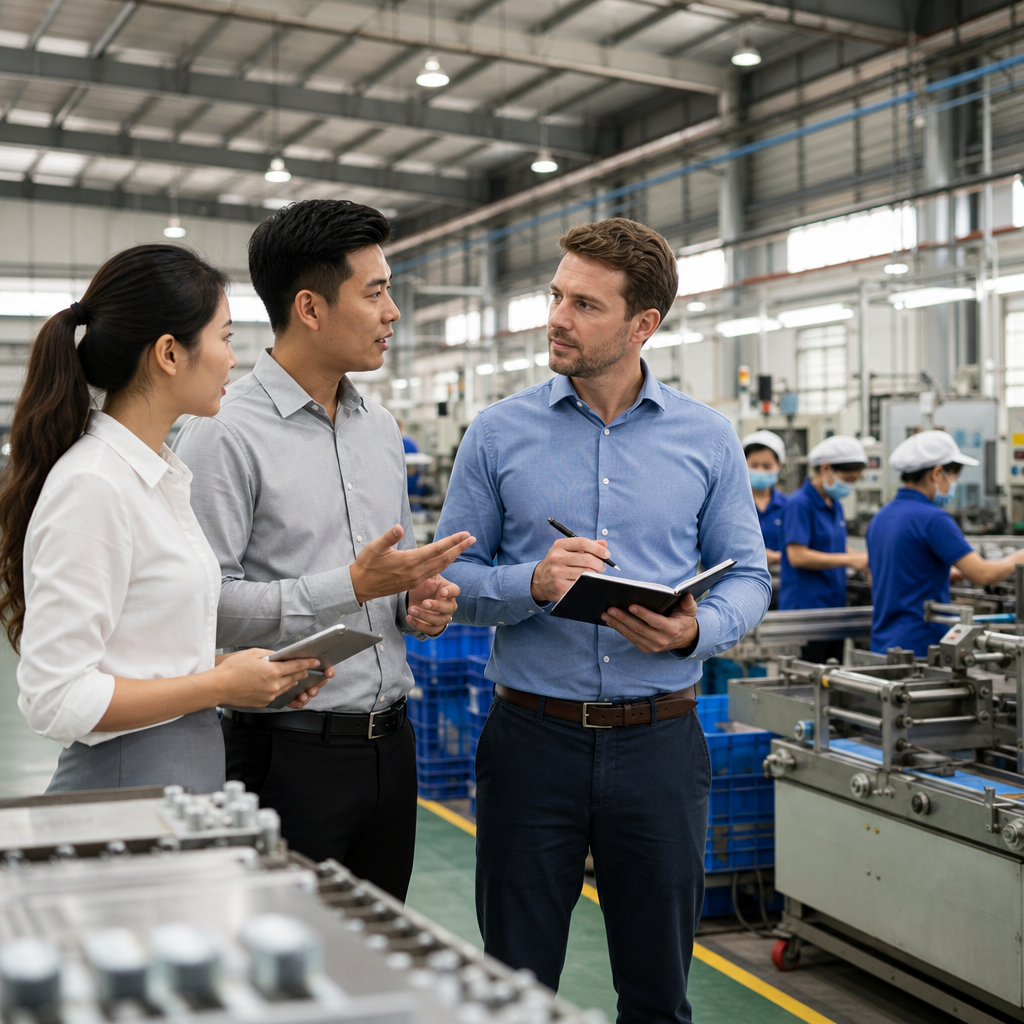 Professional interpreter taking notes during factory floor tour with safety equipment visible in background