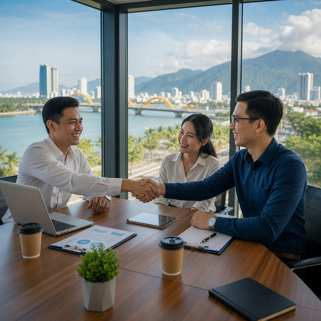 Da Nang tech professionals in meeting room discussing software partnership with interpreter present