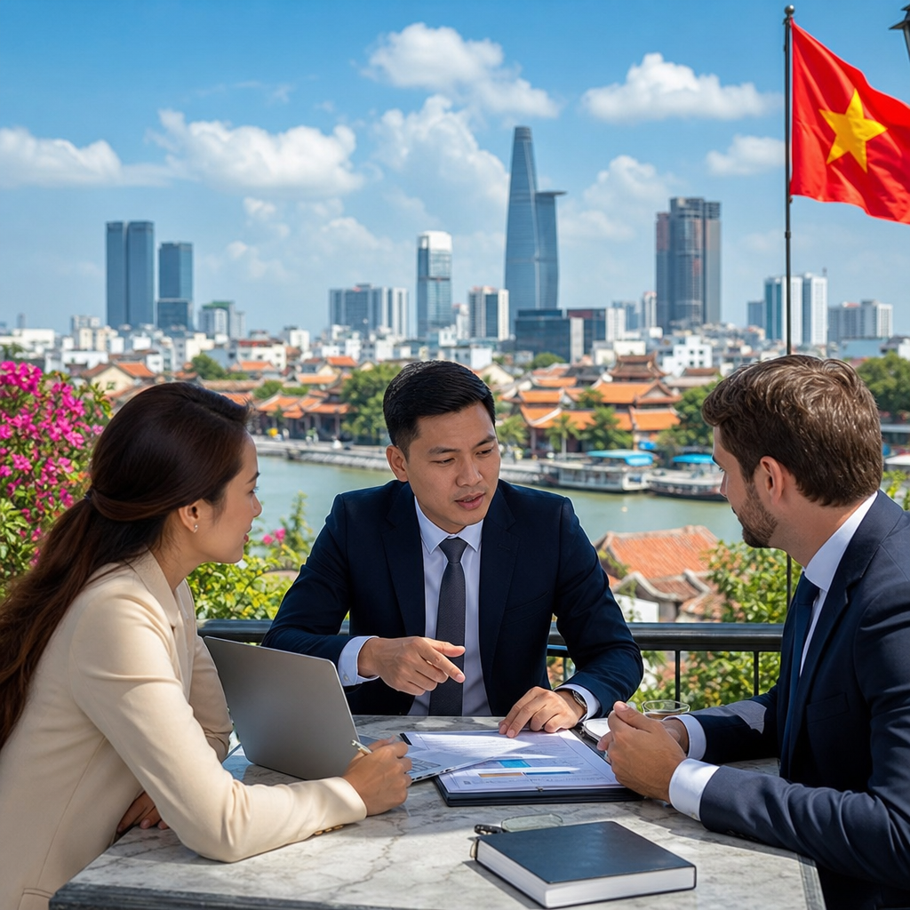 Professional legal interpreter reviewing Vietnamese business contract documents with Vietnamese and English text side by side