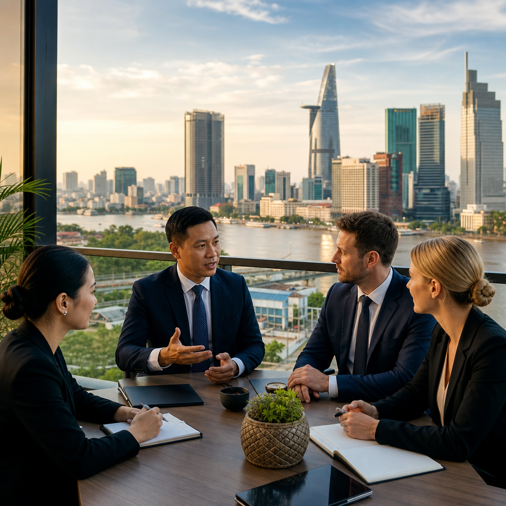 Professional business meeting in a modern Vietnamese office with interpreters facilitating cross-cultural communication betwe