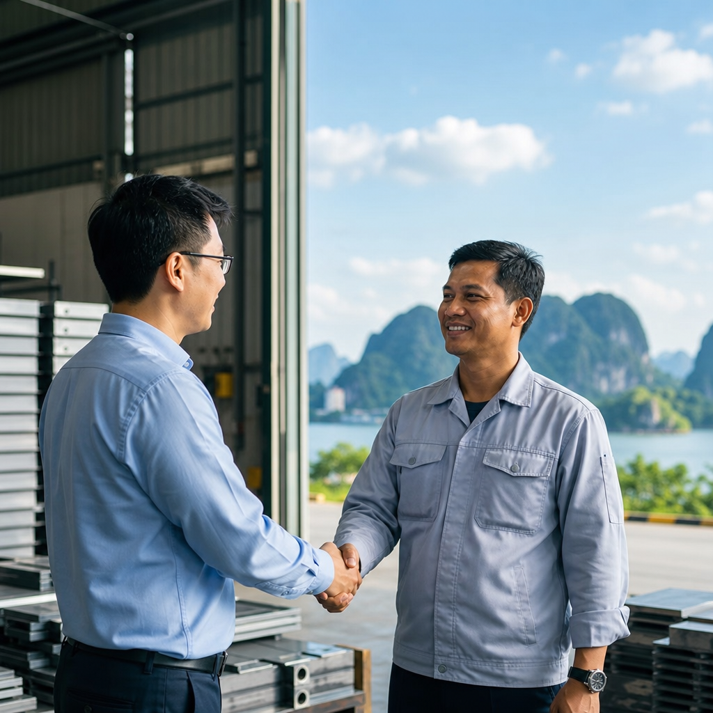 Manufacturing plant floor meeting with European buyer and Vietnamese factory owner using professional interpreter