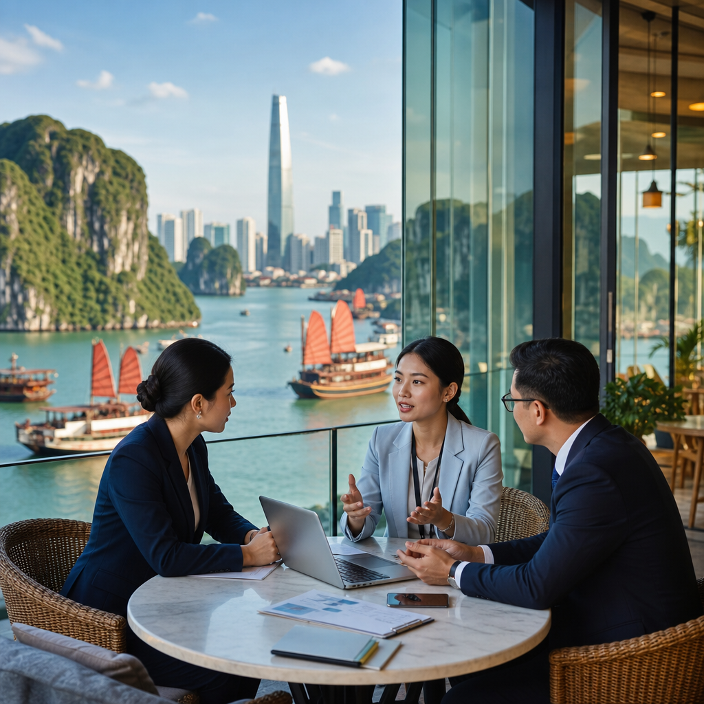 Business professionals shaking hands in modern Vietnamese office setting during international negotiation meeting