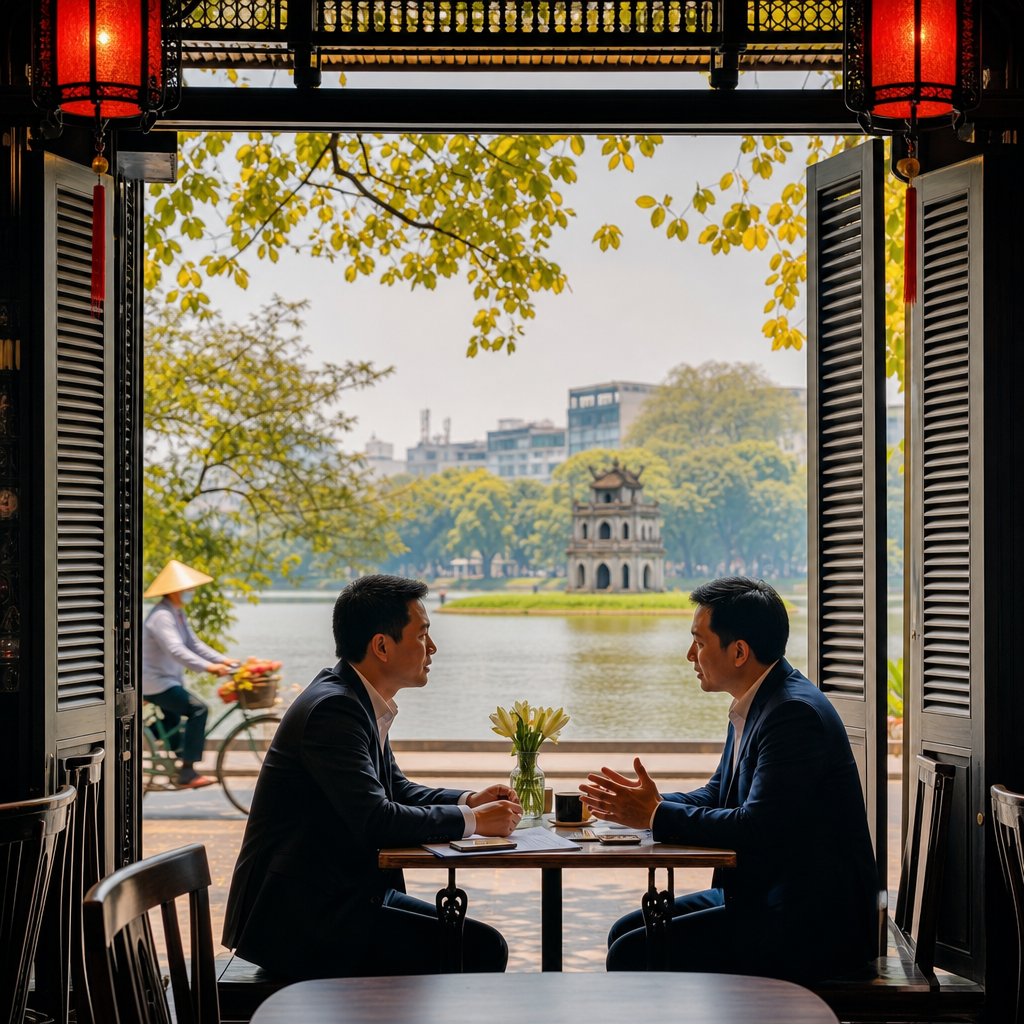 Foreign business delegates meeting Vietnamese partners during a Hanoi joint venture negotiation