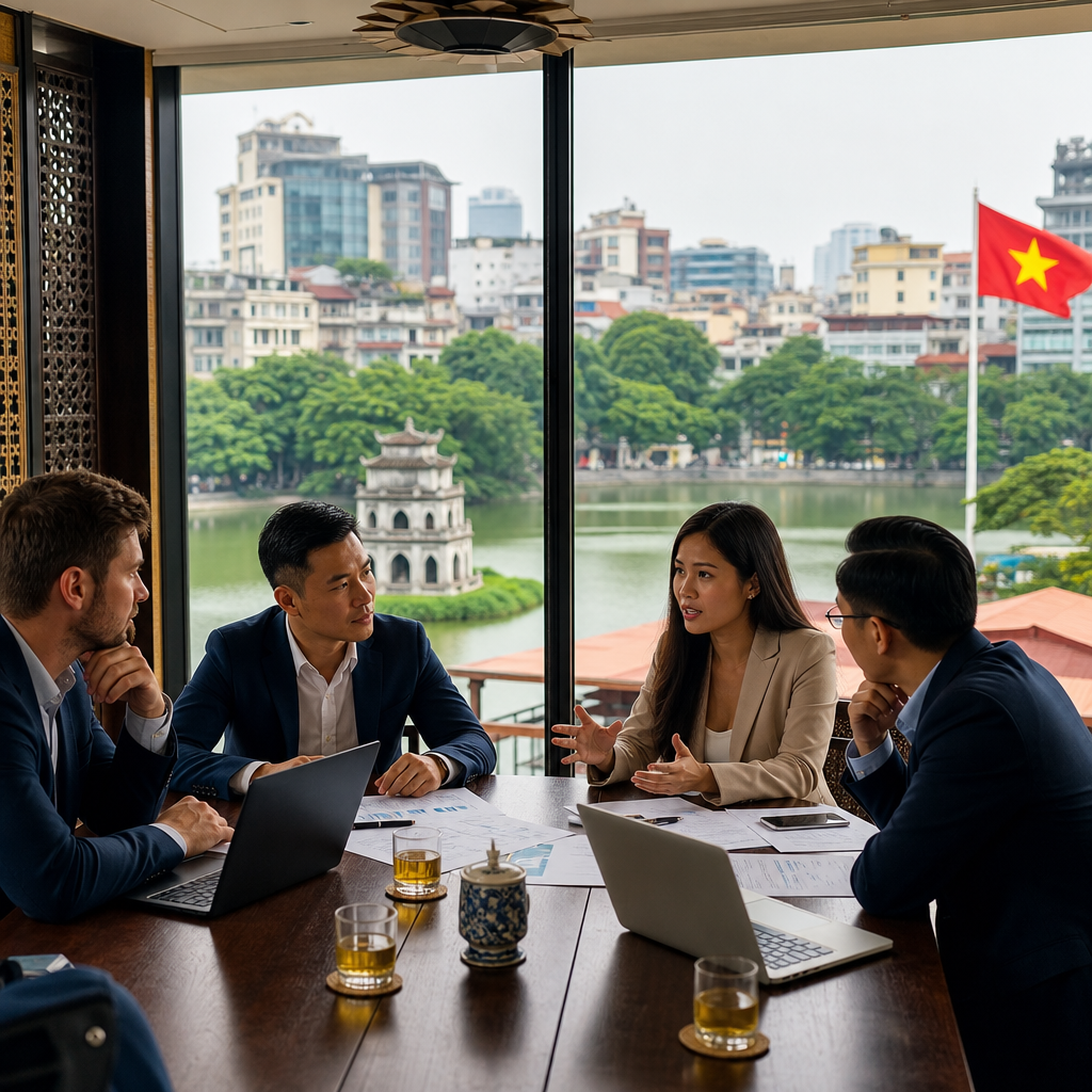 Business meeting in Hanoi conference room with interpreter mediating discussion between foreign and Vietnamese executives