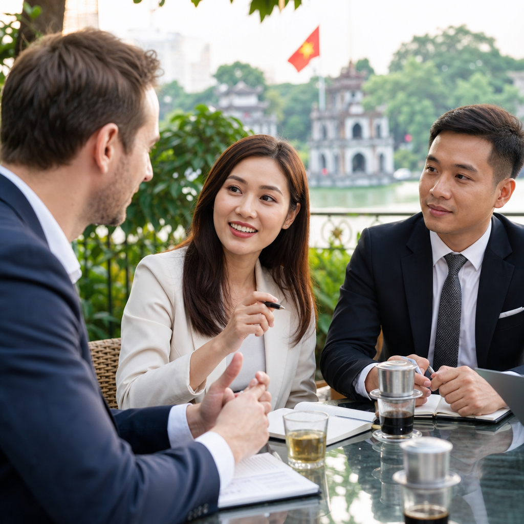 Foreign business executive meeting with professional Vietnamese interpreter at corporate boardroom meeting table