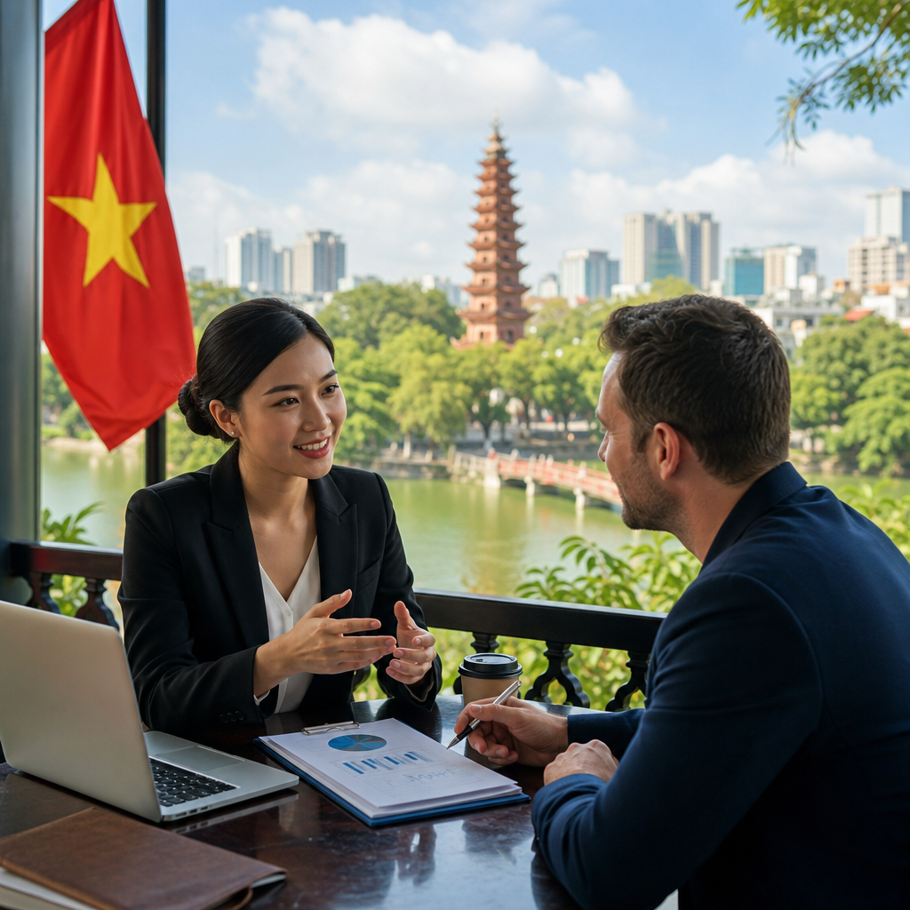 Professional business interpreter meeting with foreign clients in modern Hanoi office setting