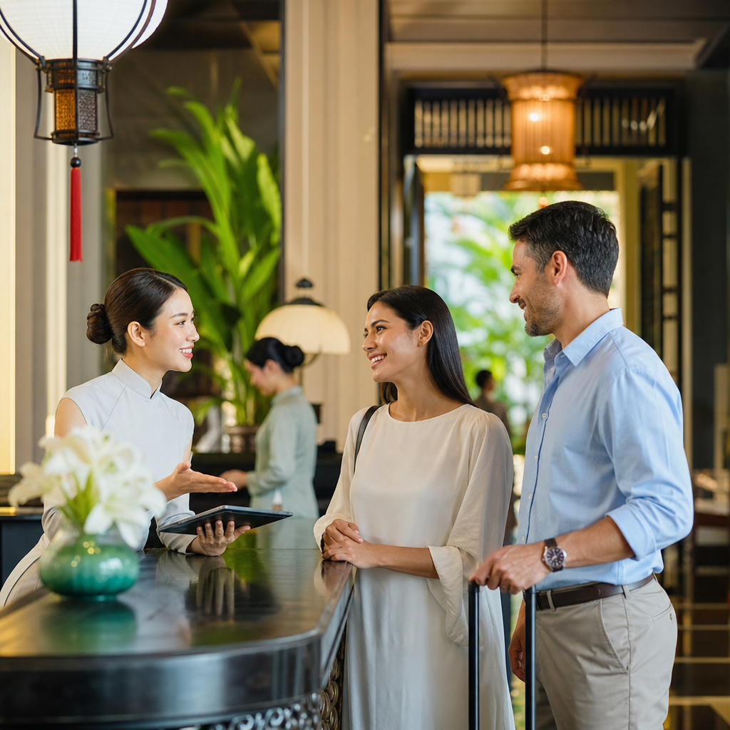 Hotel manager reviewing interpreter credentials and onboarding documents at a Vietnamese resort reception desk