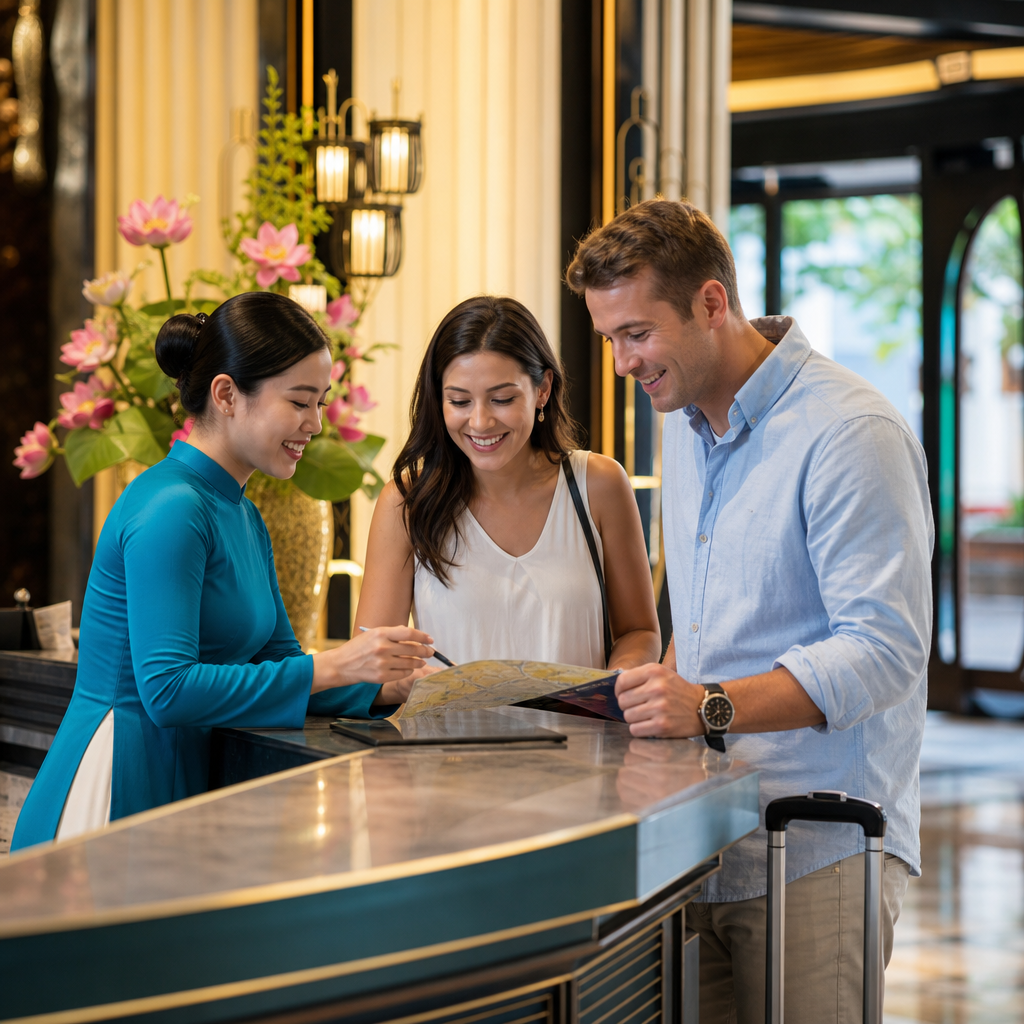 Professional interpreter assisting hotel staff with foreign guest at luxury Vietnam hospitality venue reception desk