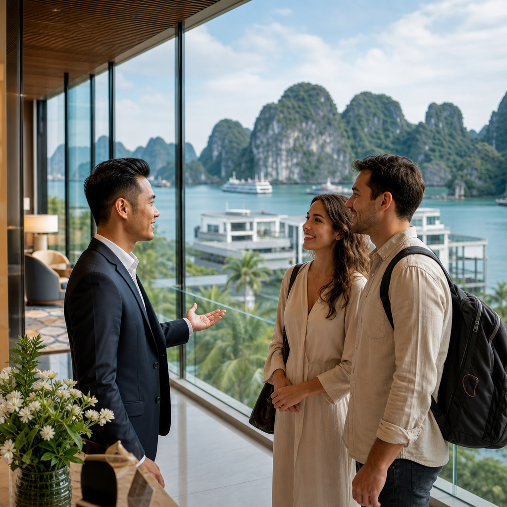 Professional interpreter mediating discussion between international business partners in modern Vietnam hotel lobby