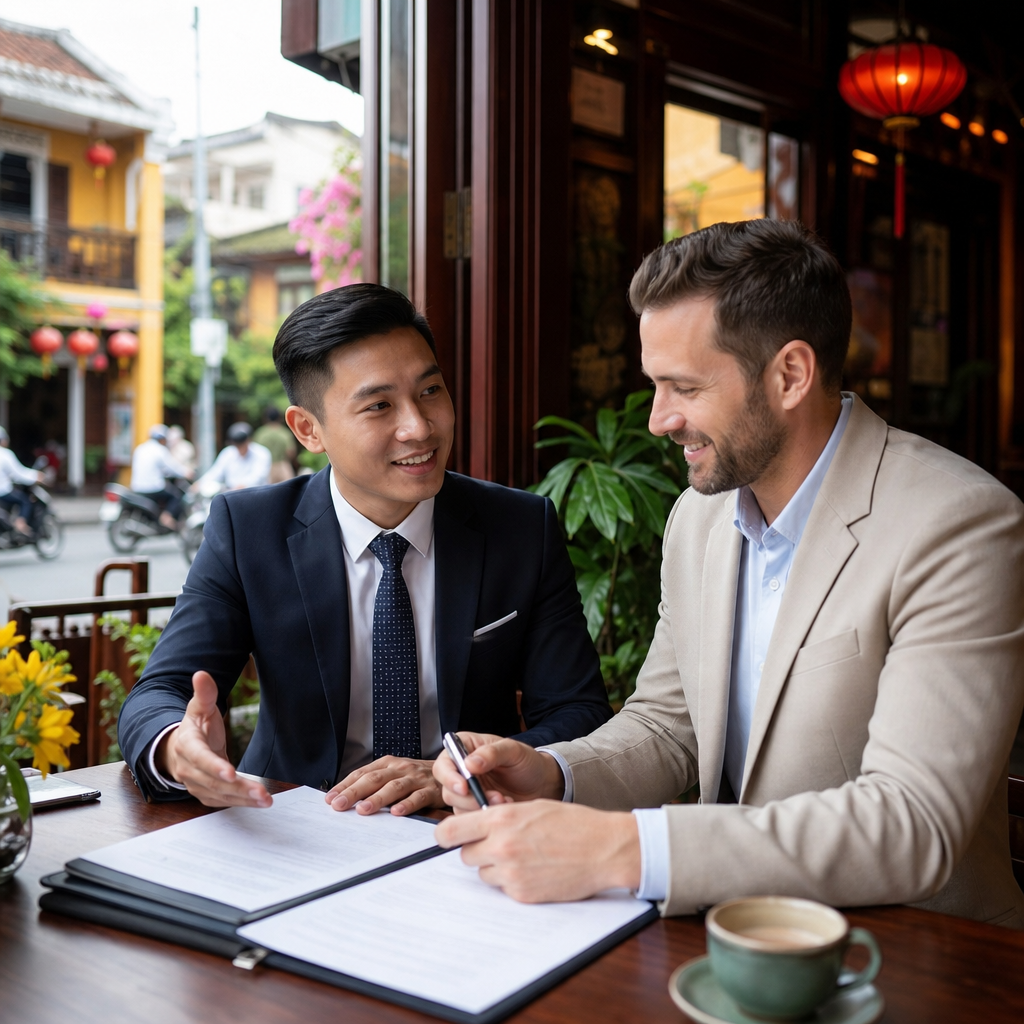 Professional interpreter reviewing legal contract documents with international business partners in Vietnam office