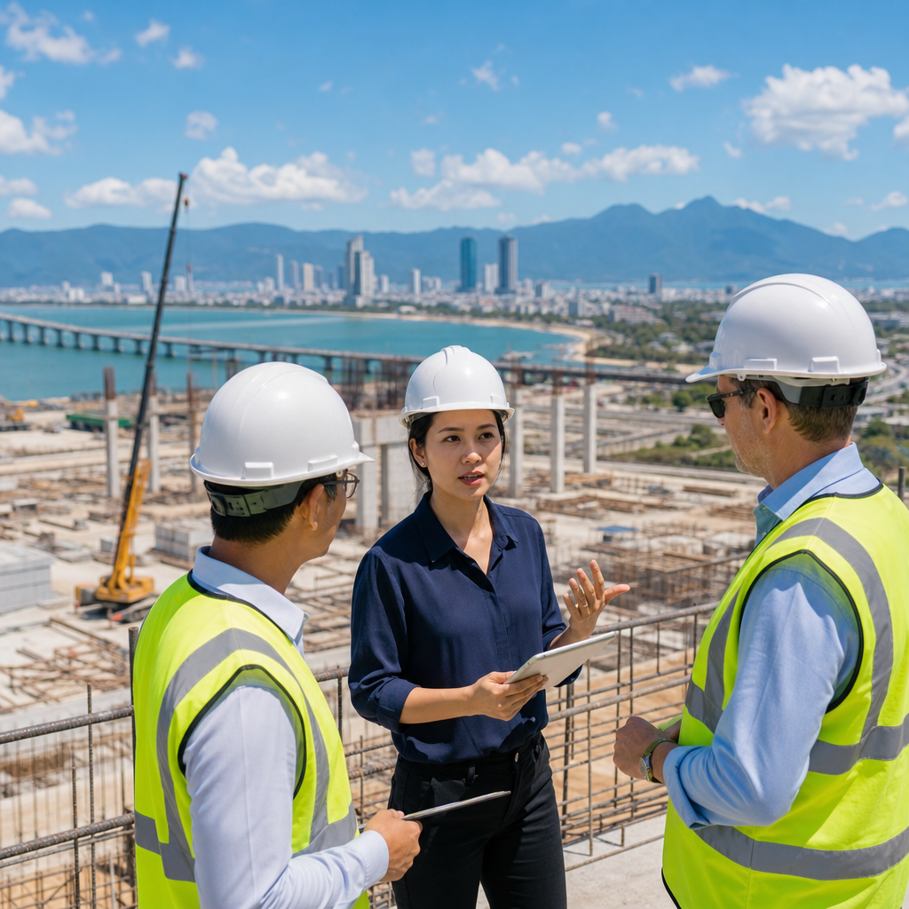 Interpreter with hard hat assists international engineer and Vietnamese contractors reviewing equipment on Da Nang constructi