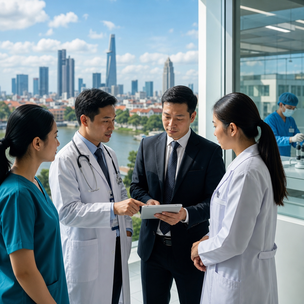 Healthcare professionals in Vietnam discussing medical terminology during a cross-border hospital joint venture negotiation m