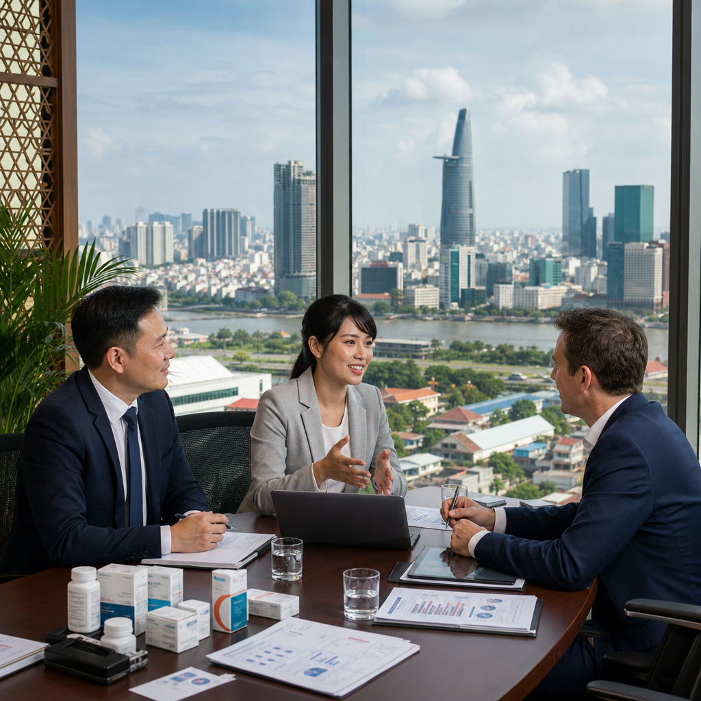 Foreign pharmaceutical executive reviewing Vietnamese regulatory documents with medical interpreter during health ministry me
