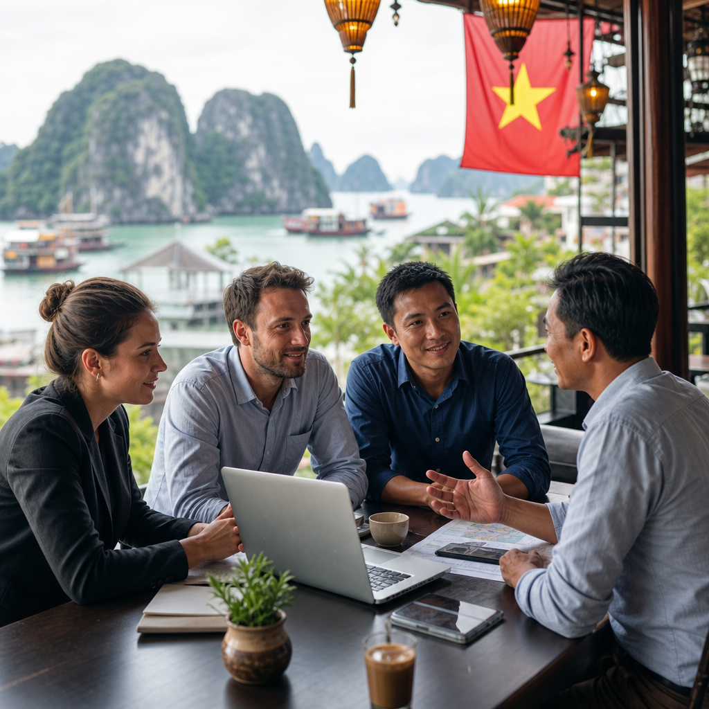 International business team meeting with Vietnamese interpreter-companion in Hanoi office setting, discussing contracts and d