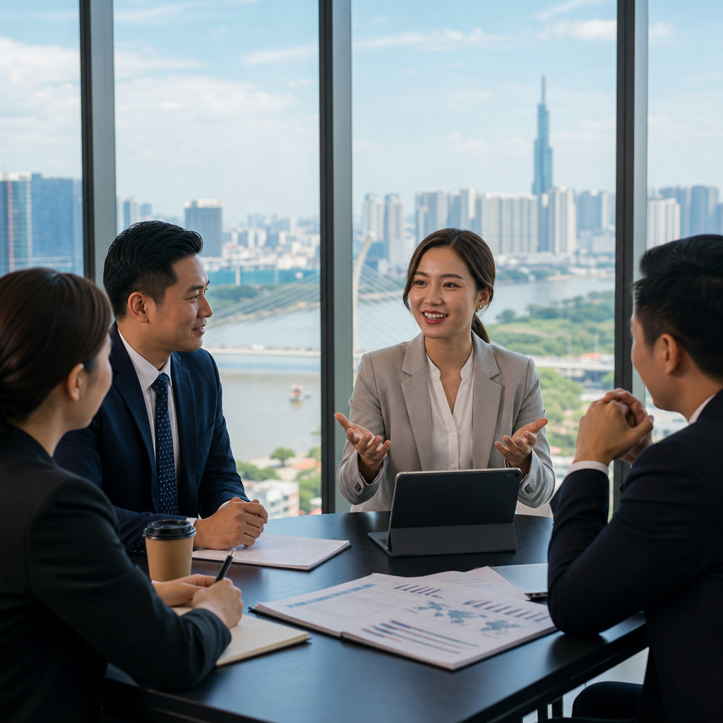 Professional business interpreter reviewing documents with Vietnamese client in modern office setting