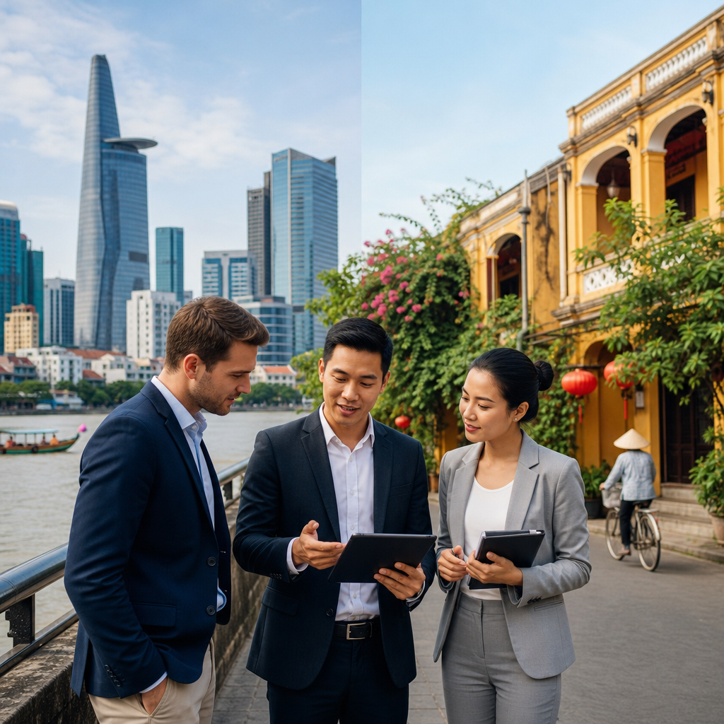 Business meeting in Vietnam with interpreter facilitating communication between foreign and local professionals