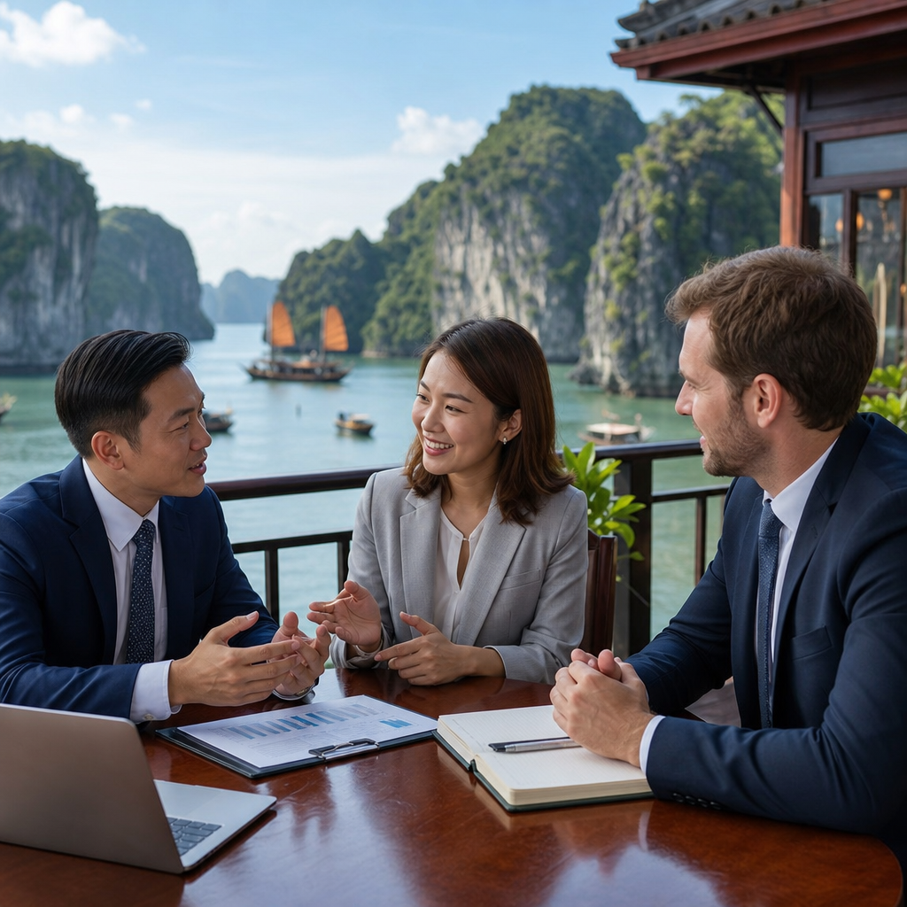Business professionals negotiating merger agreement in Vietnam conference room with interpreter present