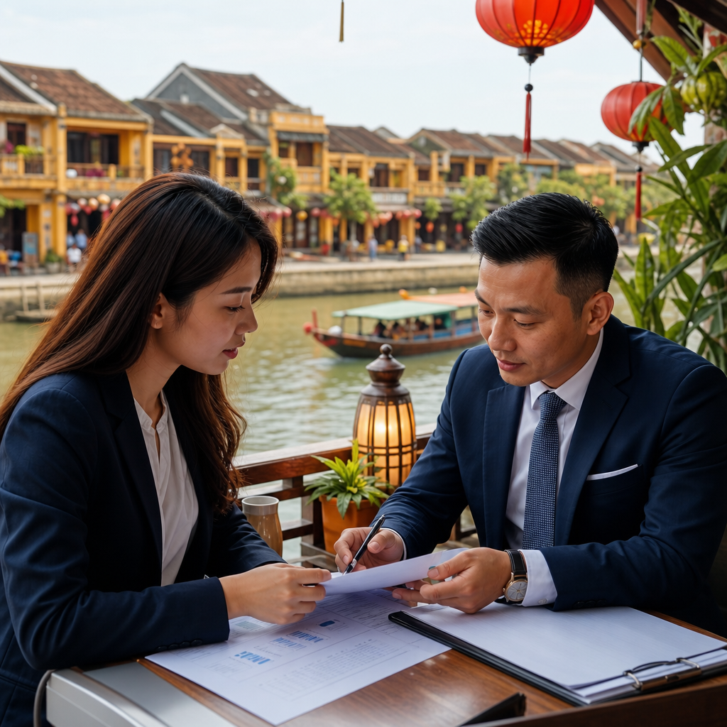 Business professionals reviewing legal contracts with interpreter in modern Vietnamese office setting