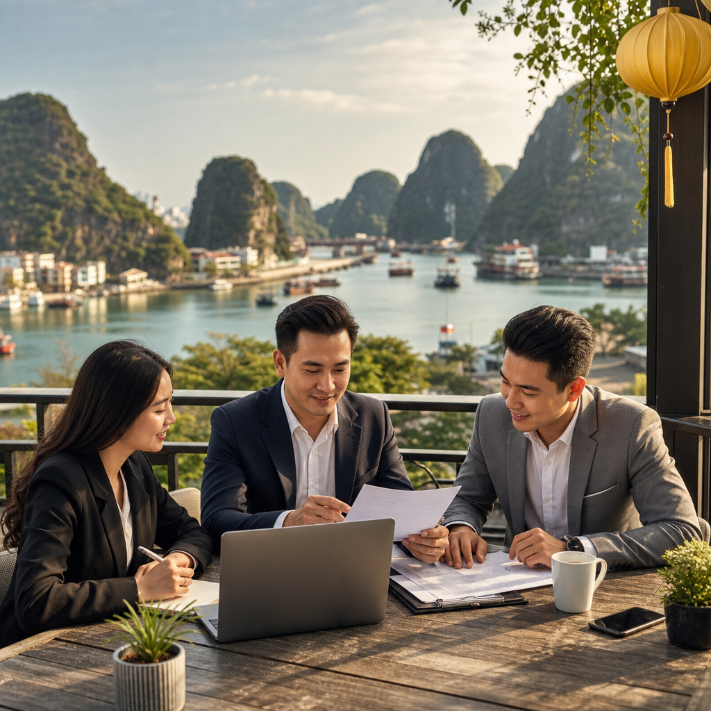 Professional interpreter explaining Vietnamese legal contract documents to international business executives in Ho Chi Minh C