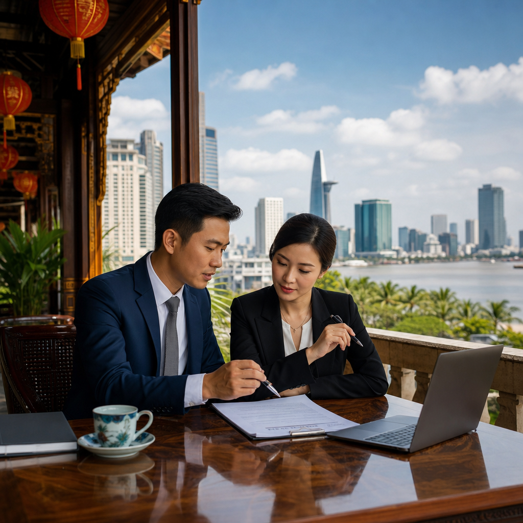 Vietnamese business contracts with legal terminology and compliance documents on desk