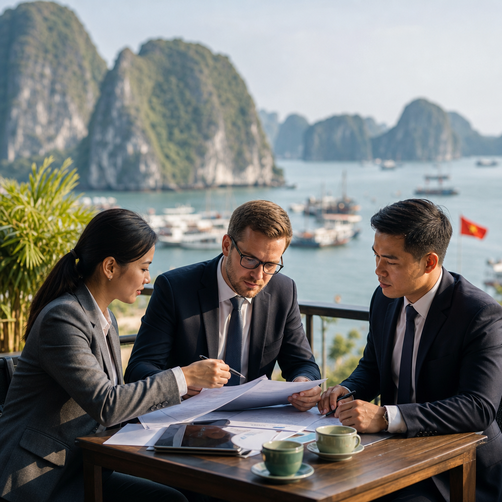 Vietnamese business contract with legal documents and certified interpreter reviewing compliance terms in modern office setti