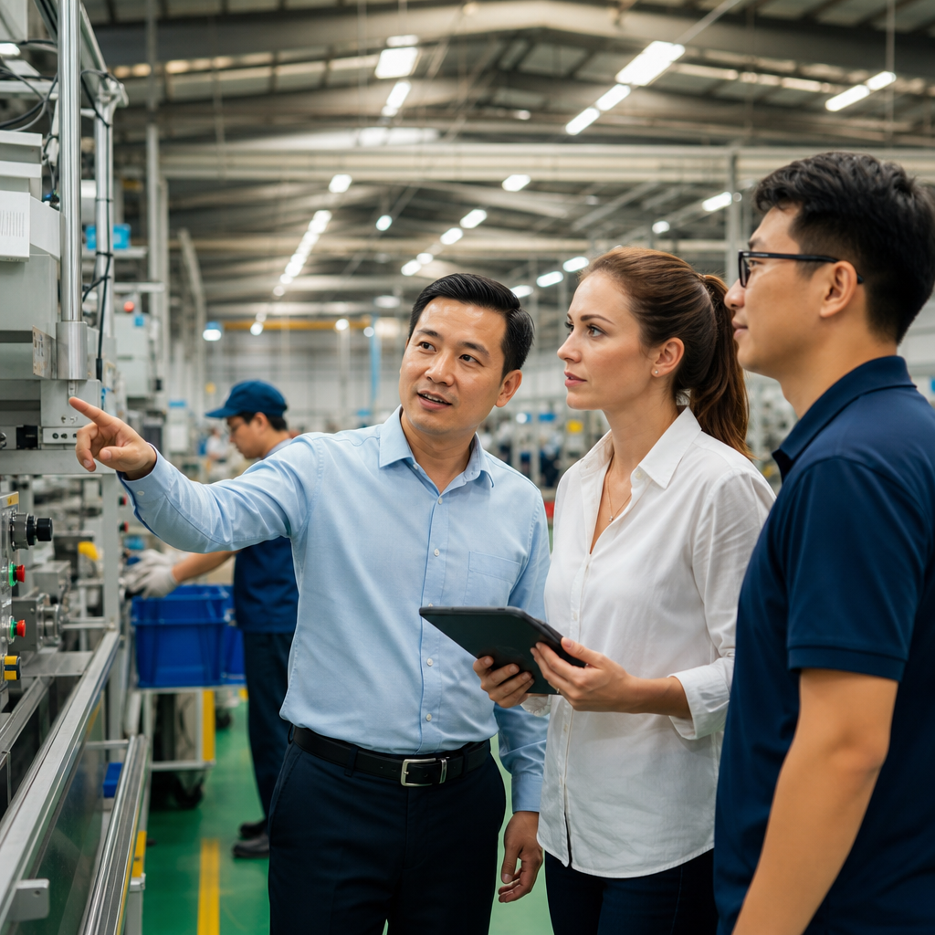 Professional interpreter assisting foreign business executives during a Vietnamese manufacturing factory floor tour