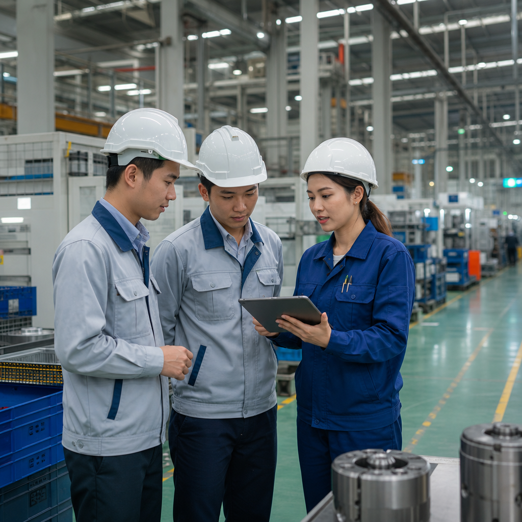 Professional interpreter assisting foreign engineer on Vietnam manufacturing production floor during equipment specification 