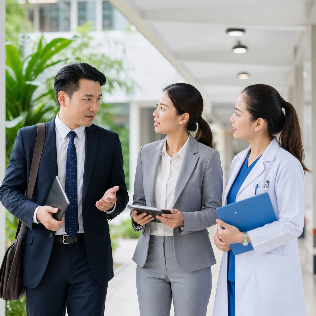 Professional interpreter and auditor reviewing regulatory documents during a medical device facility inspection in Vietnam.