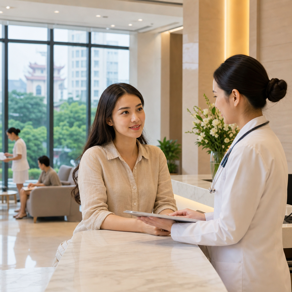Foreign business professional consulting with medical interpreter at Vietnamese hospital reception desk