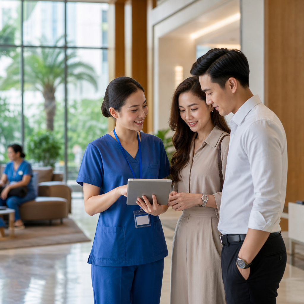 Healthcare professional consulting with Vietnamese patient using medical interpreter in clinic setting
