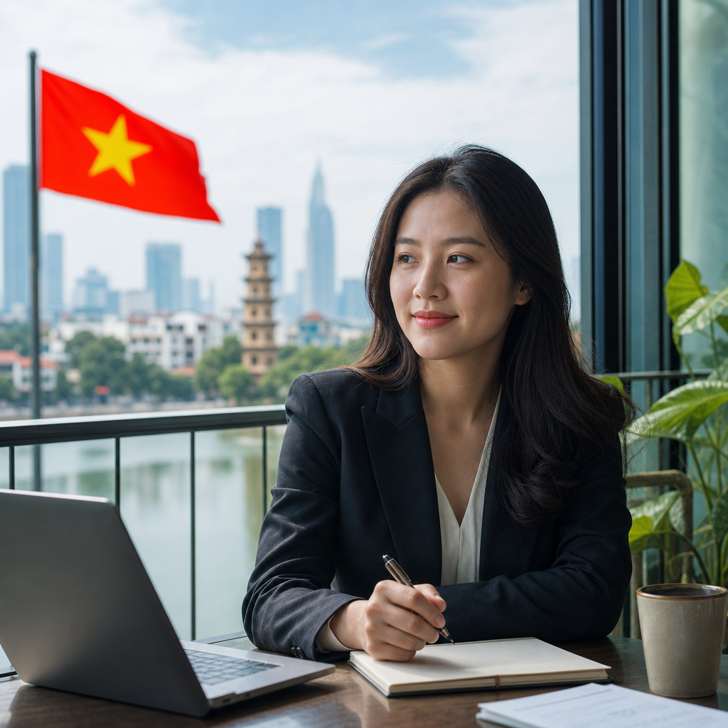 Professional female interpreter Anh Nguyen conducting legal M&A negotiation in Hanoi conference room with international busin